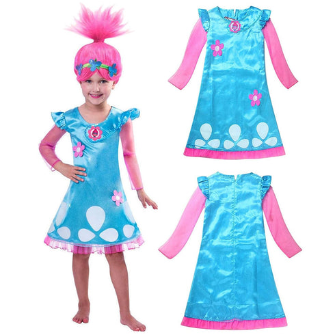Girls Trolls Princess Poppy Costume with Wig | Kids Colorful Dress-Up Outfit for Halloween & Parties